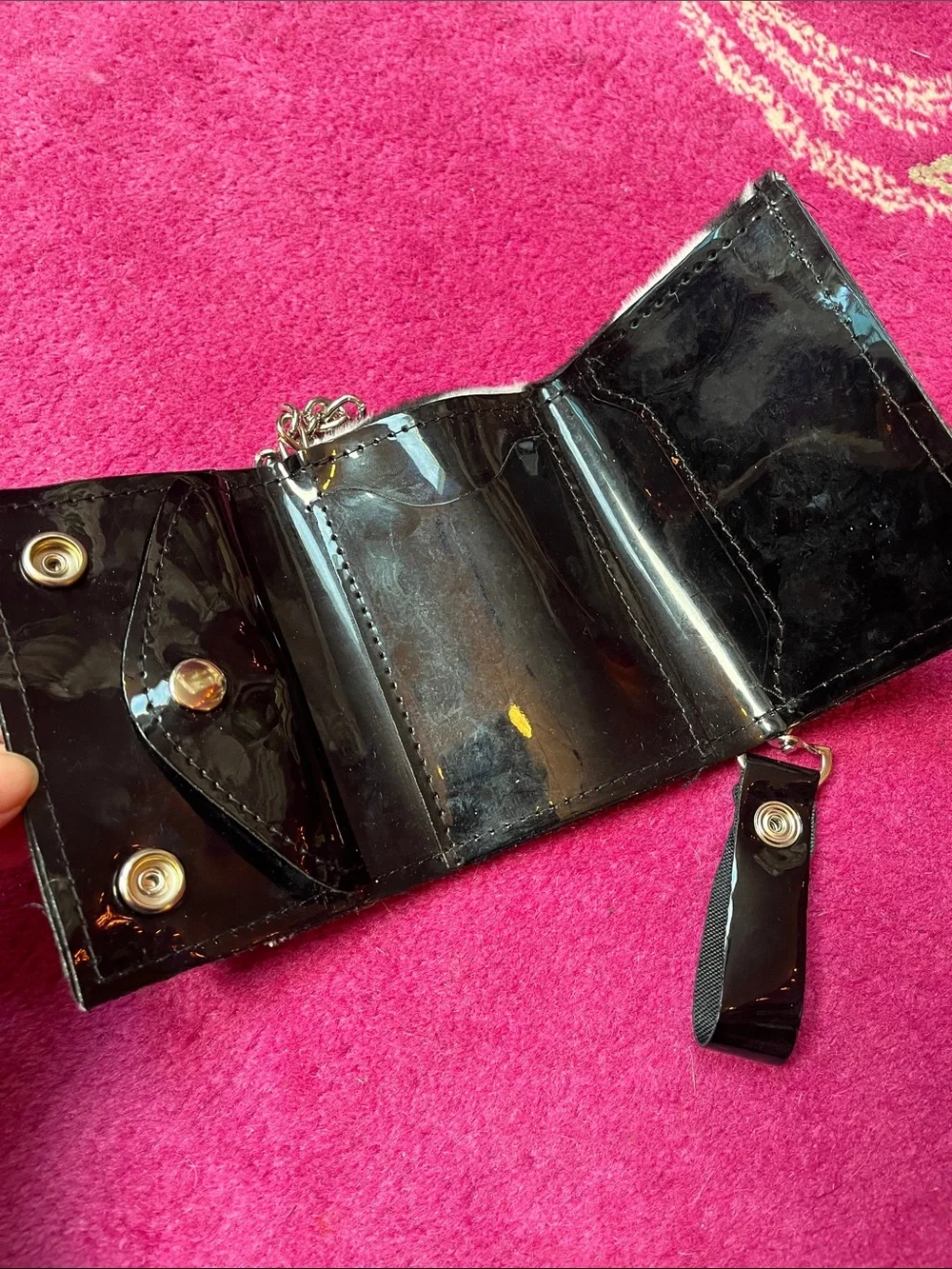 Y2K Goth fuzzy zebra print + black vinyl chain wallet